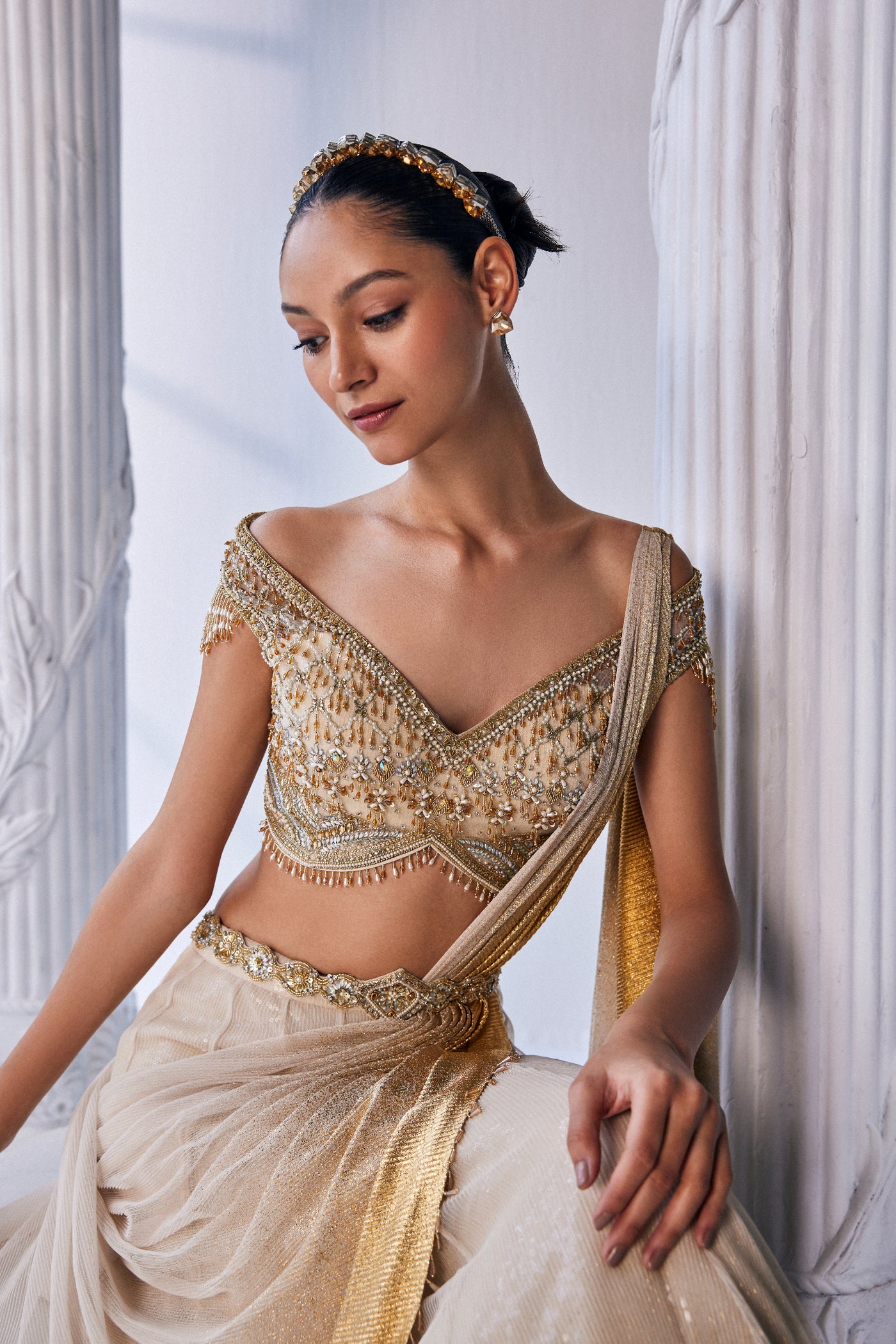 Mandira Wirk Draped Double Layer Lehenga Set indian designer wear online shopping melange singapore