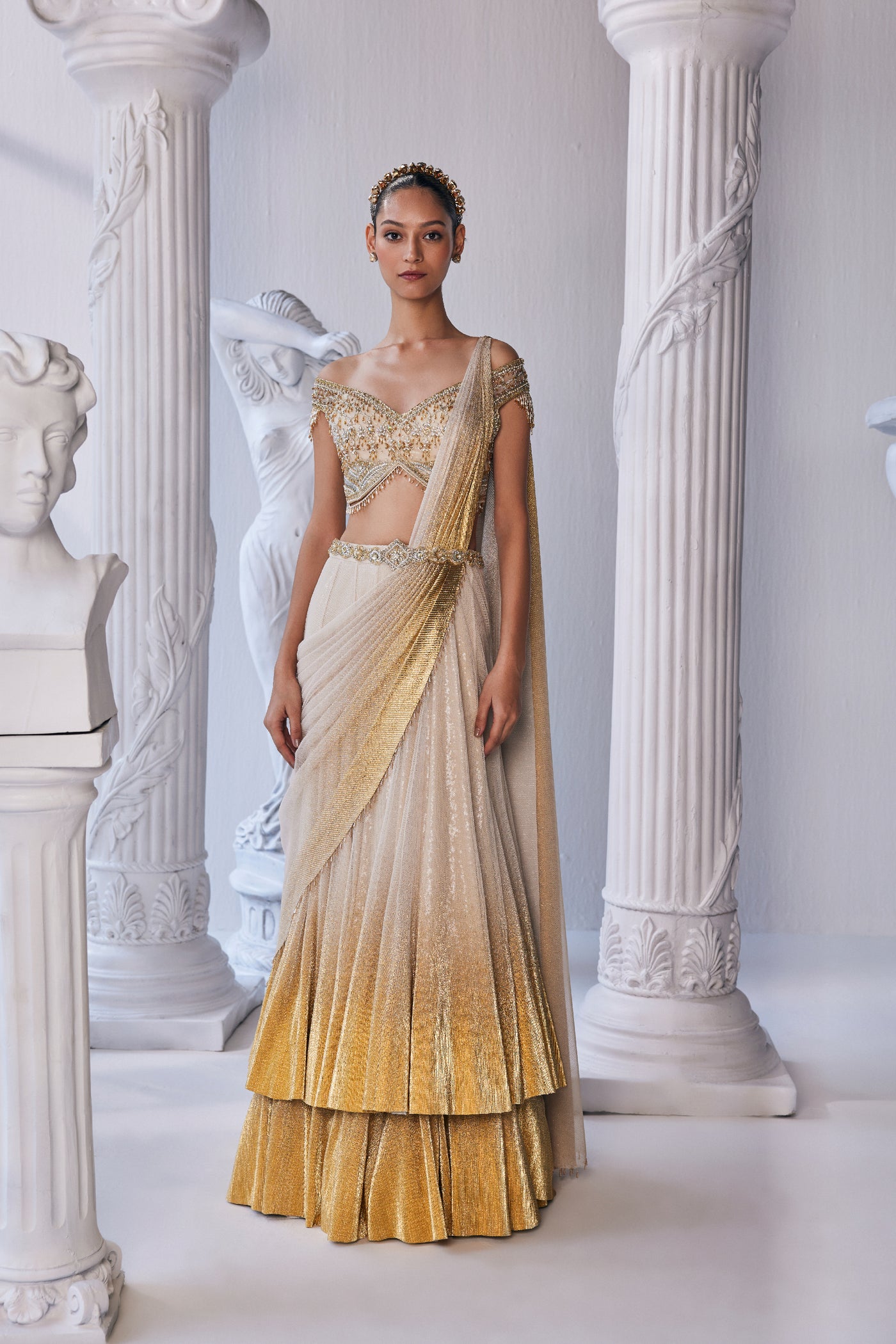 Mandira Wirk Draped Double Layer Lehenga Set indian designer wear online shopping melange singapore