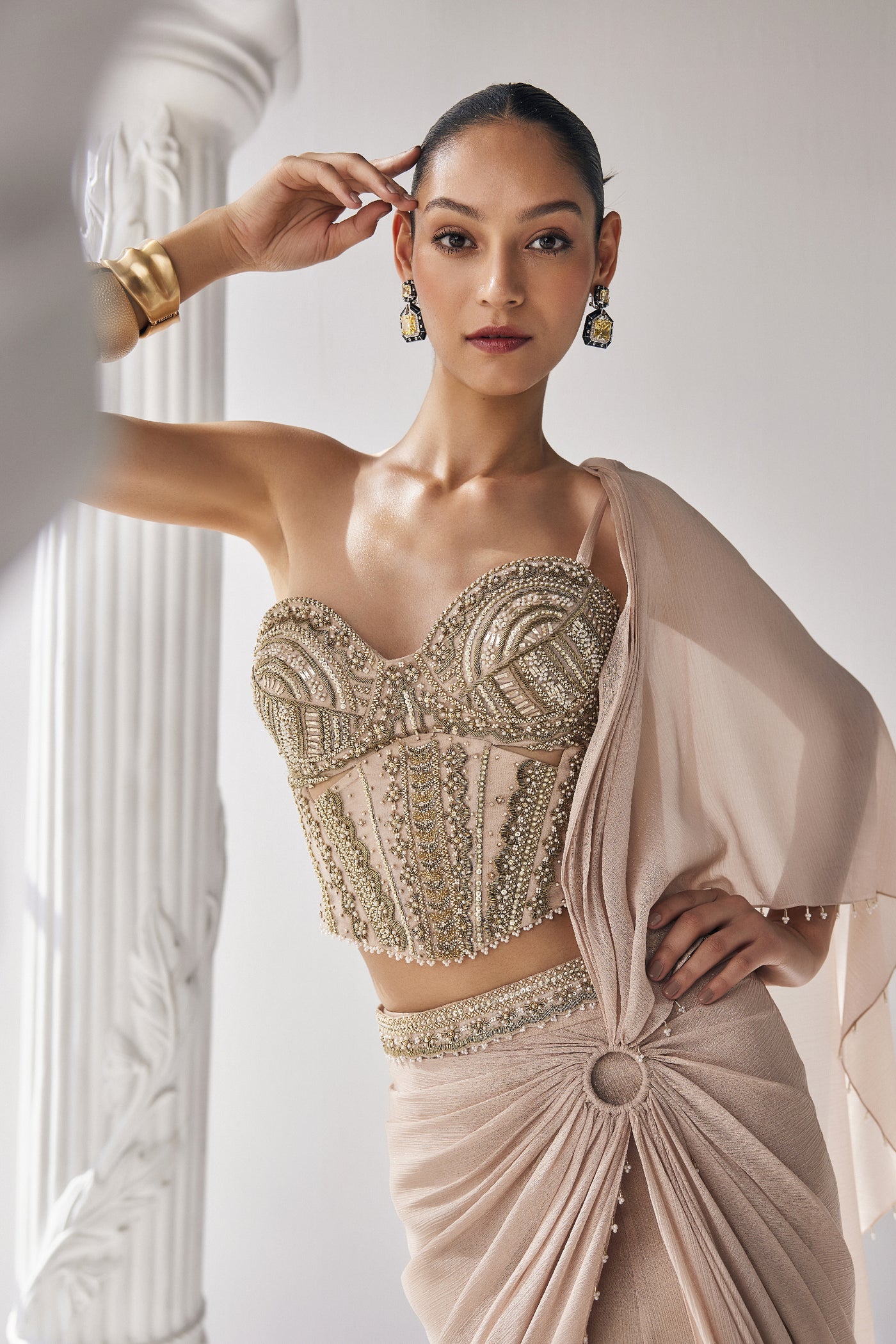 Mandira Wirk Draped Saree Corset Along With An Embroidered Belt indian designer wear online shopping melange singapore