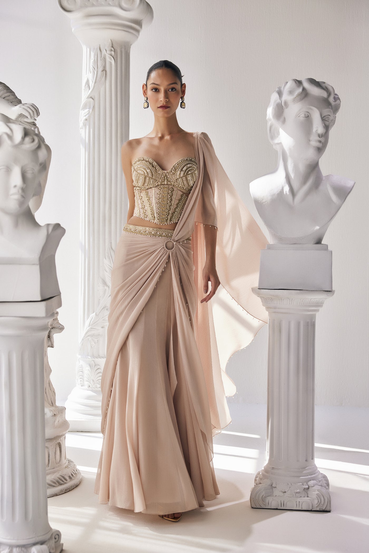 Mandira Wirk Draped Saree Corset Along With An Embroidered Belt indian designer wear online shopping melange singapore