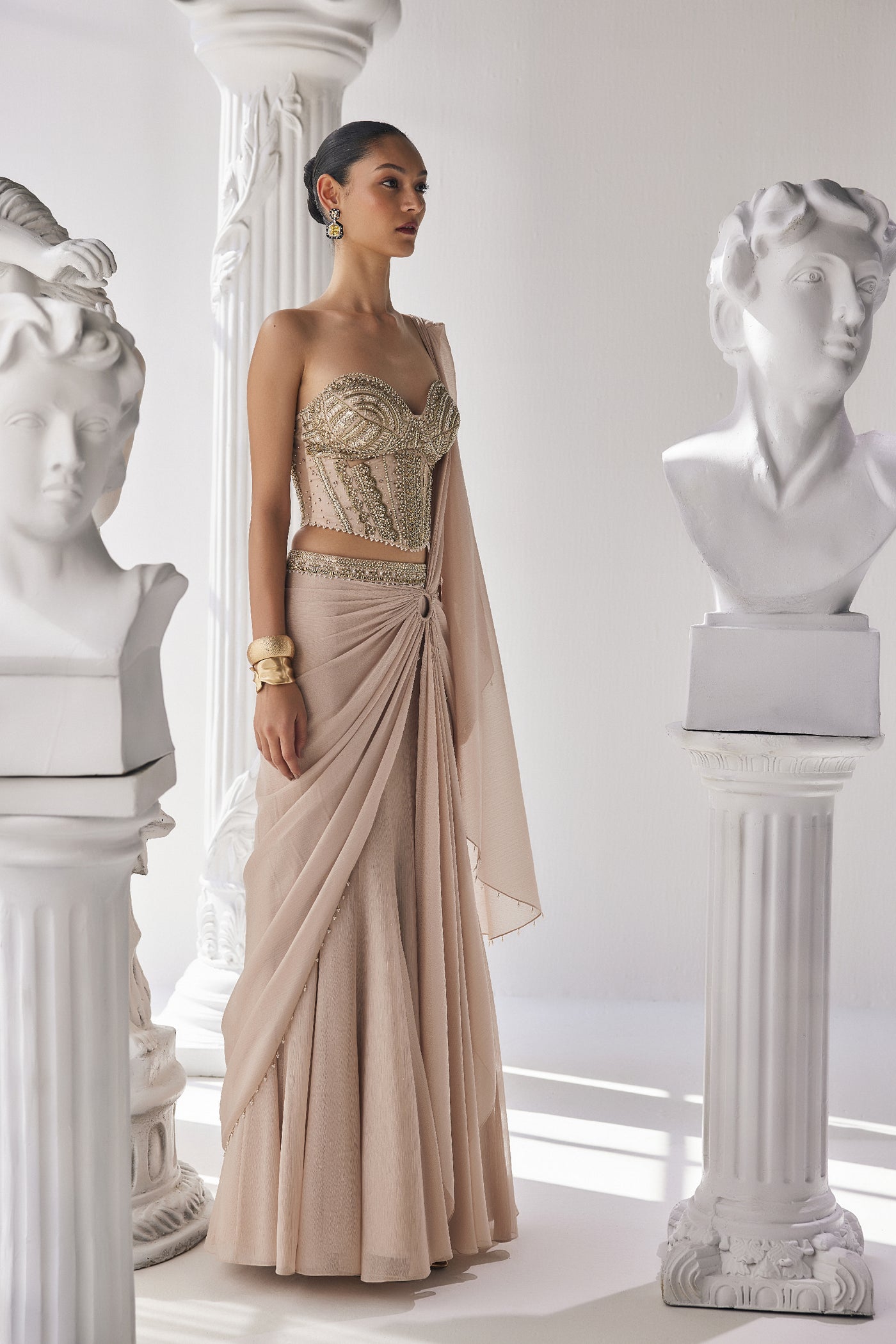 Mandira Wirk Draped Saree Corset Along With An Embroidered Belt indian designer wear online shopping melange singapore