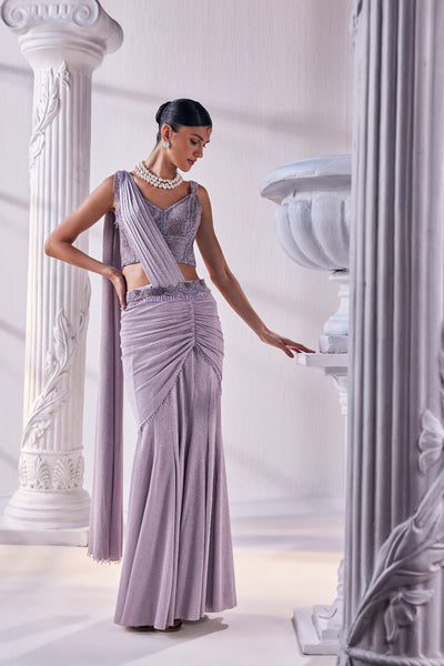 Mandira Wirk Draped Saree In Lilac Color indian designer wear online shopping melange singapore