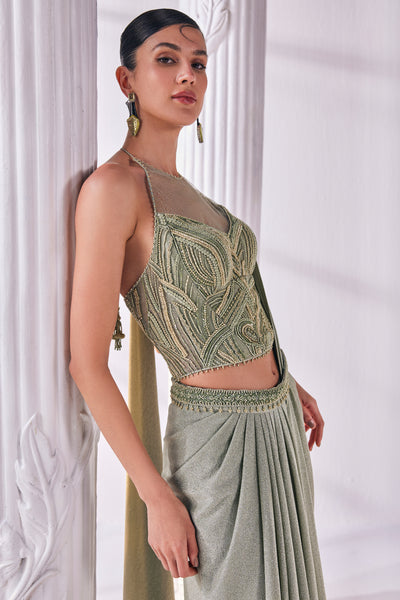Mandira Wirk Draped Saree In Paired With Embroidered Corset And A Belt indian designer wear online shopping melange singapore