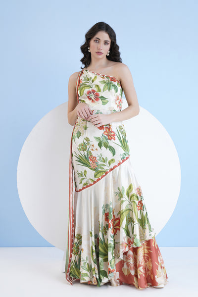 Mandira Wirk Exotic Lily Printed One Shoulder Tiered Dress indian designer wear online shopping melange singapore