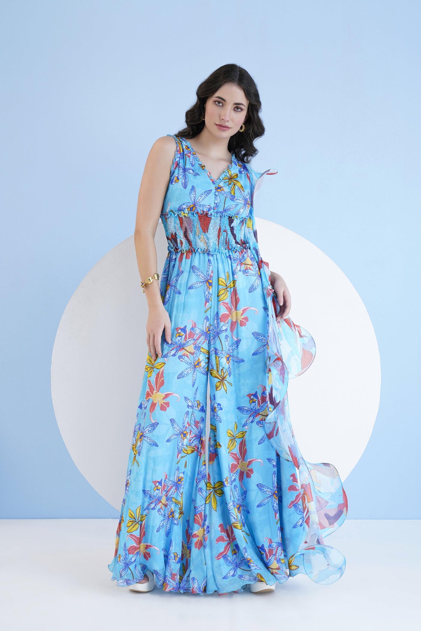 Mandira Wirk Flared Jumpsuit With Cascade Detail indian designer wear online shopping melange singapore