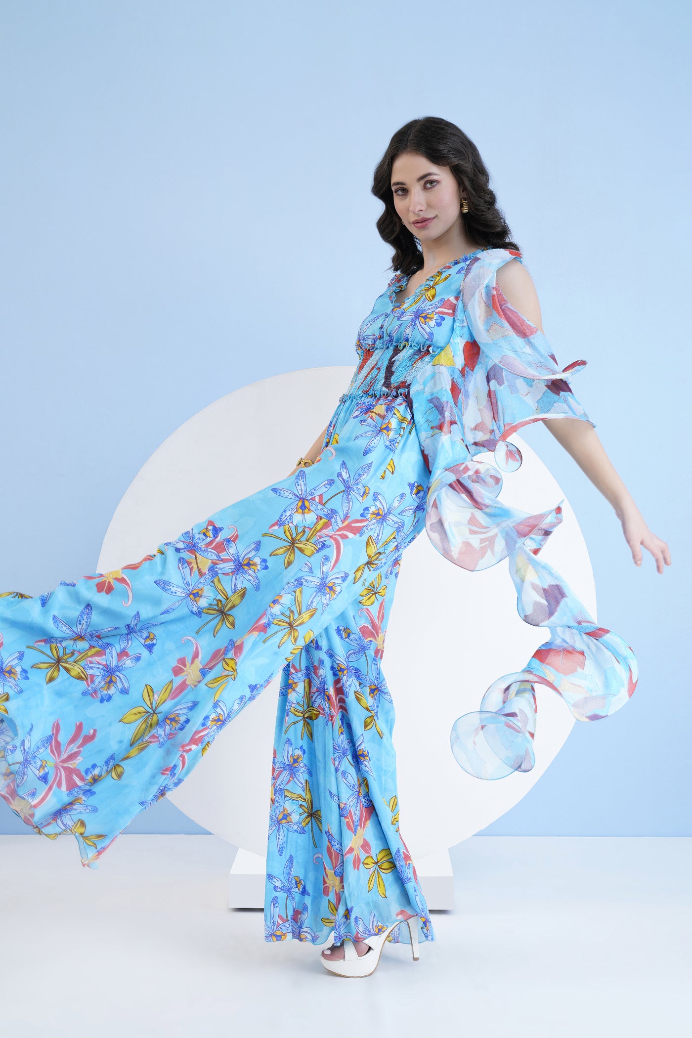 Mandira Wirk Flared Jumpsuit With Cascade Detail indian designer wear online shopping melange singapore