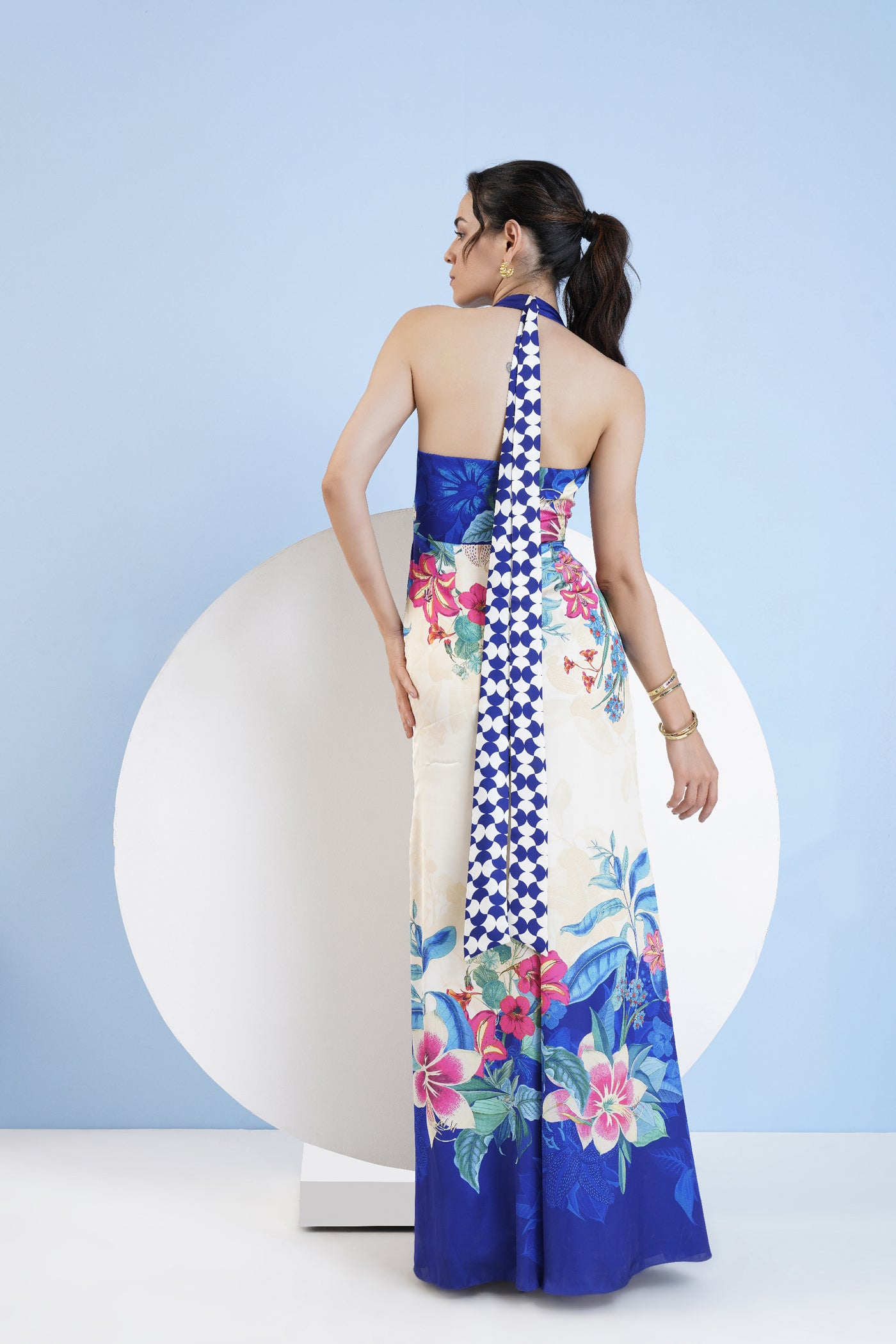 Mandira Wirk Floral Expression Printed Halter Neck Dress With Slit indian designer wear online shopping melange singapore