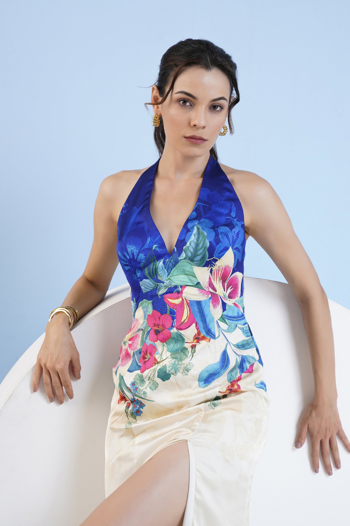 Mandira Wirk Floral Expression Printed Halter Neck Dress With Slit indian designer wear online shopping melange singapore