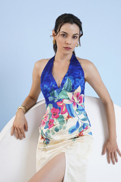 Mandira Wirk Floral Expression Printed Halter Neck Dress With Slit indian designer wear online shopping melange singapore