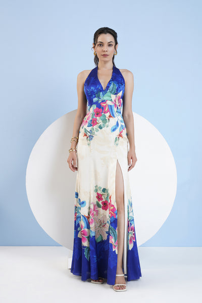 Mandira Wirk Floral Expression Printed Halter Neck Dress With Slit indian designer wear online shopping melange singapore
