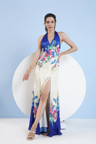 Mandira Wirk Floral Expression Printed Halter Neck Dress With Slit indian designer wear online shopping melange singapore