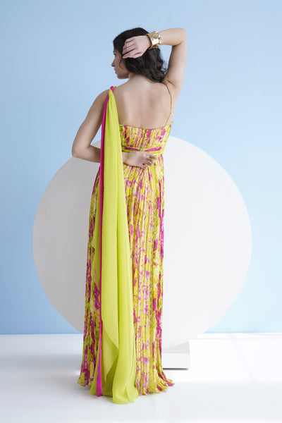 Mandira Wirk Floral Printed Long Dress In Pleated Chiffon indian designer wear online shopping melange singapore