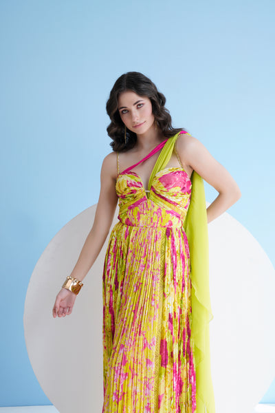 Mandira Wirk Floral Printed Long Dress In Pleated Chiffon indian designer wear online shopping melange singapore