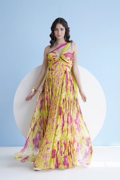 Mandira Wirk Floral Printed Long Dress In Pleated Chiffon indian designer wear online shopping melange singapore