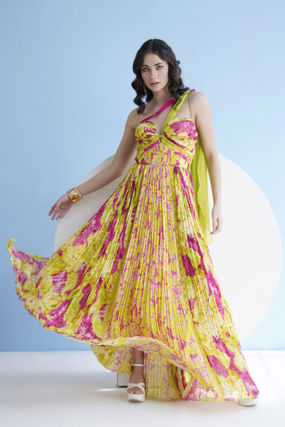 Mandira Wirk Floral Printed Long Dress In Pleated Chiffon indian designer wear online shopping melange singapore