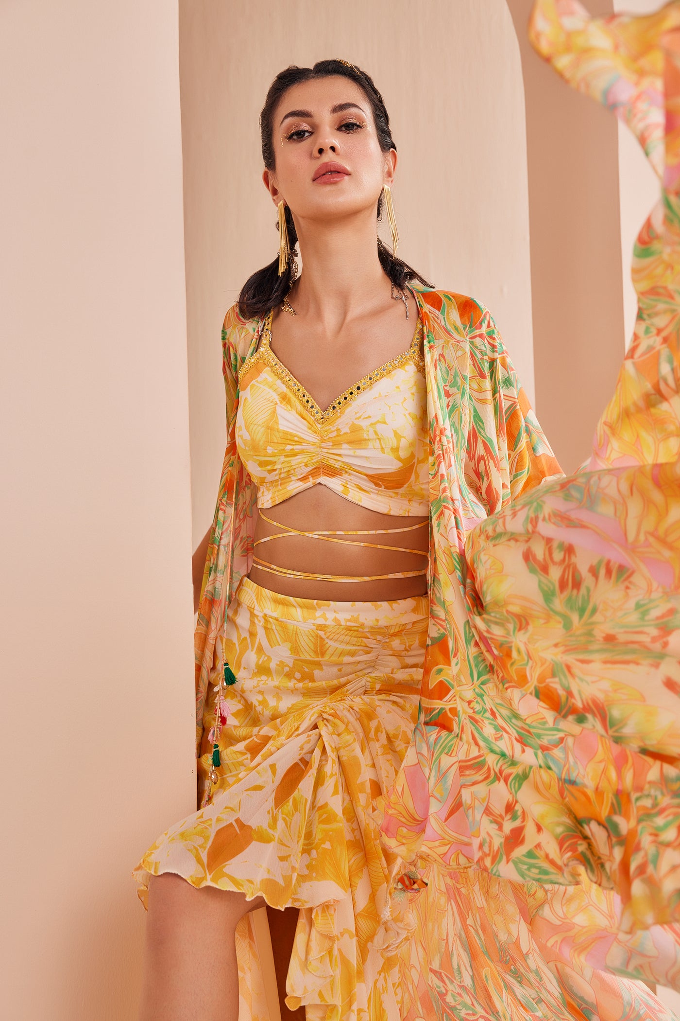 Mandira Wirk Fluorescent Yellow Printed Blouse With Draped Asymmetric Chiffon Skirt indian designer wear online shopping melange singapore