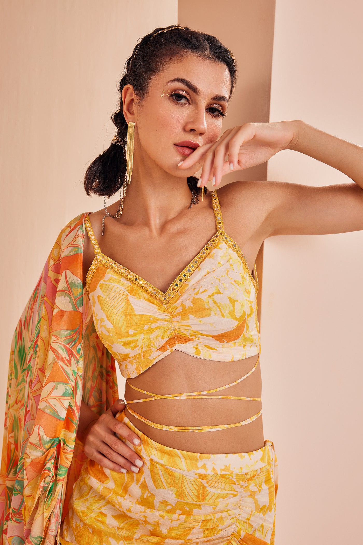Mandira Wirk Fluorescent Yellow Printed Blouse With Draped Asymmetric Chiffon Skirt indian designer wear online shopping melange singapore