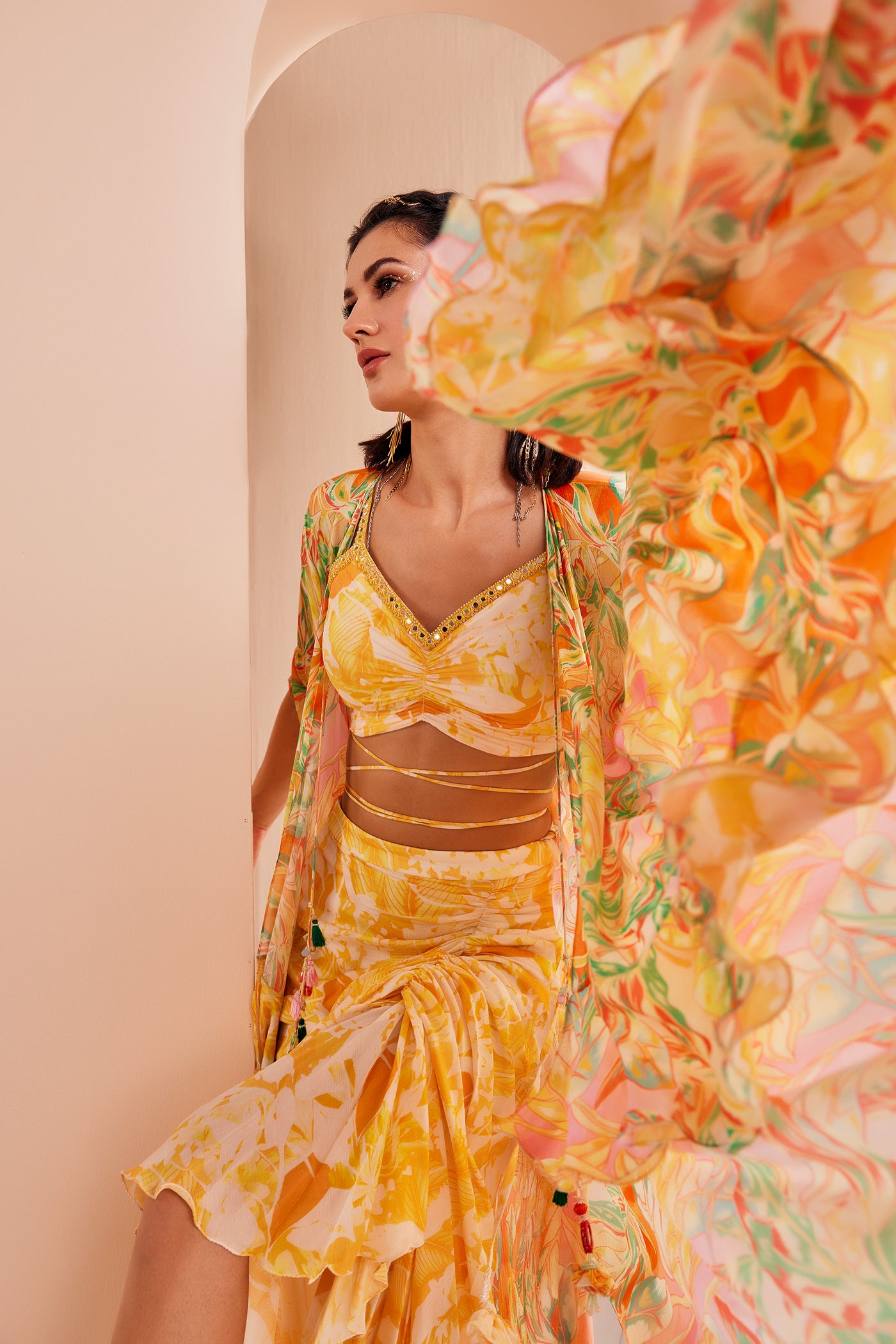 Mandira Wirk Fluorescent Yellow Printed Blouse With Draped Asymmetric Chiffon Skirt indian designer wear online shopping melange singapore