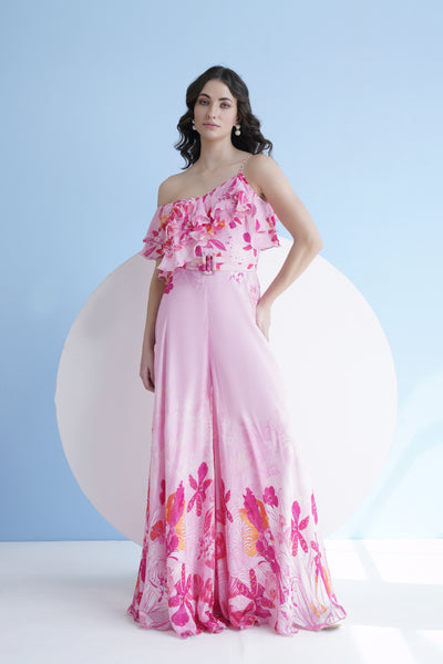 Mandira Wirk Fuchsia Orchid Printed Flared One Shoulder Jumpsuit indian designer wear online shopping melange singapore