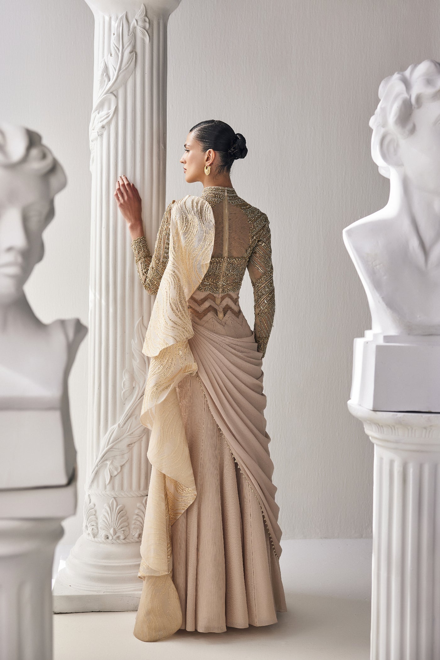 Mandira Wirk Golden Cream Draped Saree indian designer wear online shopping melange singapore