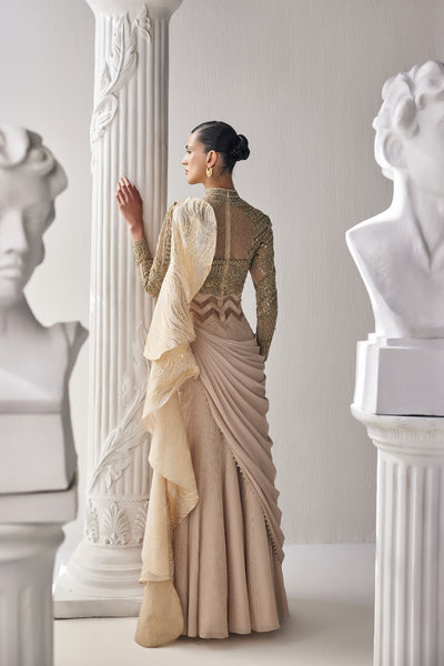 Mandira Wirk Golden Cream Draped Saree indian designer wear online shopping melange singapore