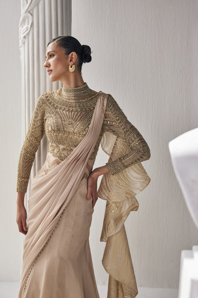 Mandira Wirk Golden Cream Draped Saree indian designer wear online shopping melange singapore