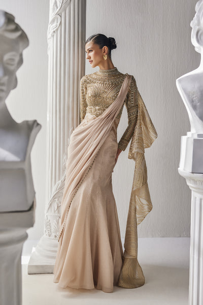 Mandira Wirk Golden Cream Draped Saree indian designer wear online shopping melange singapore