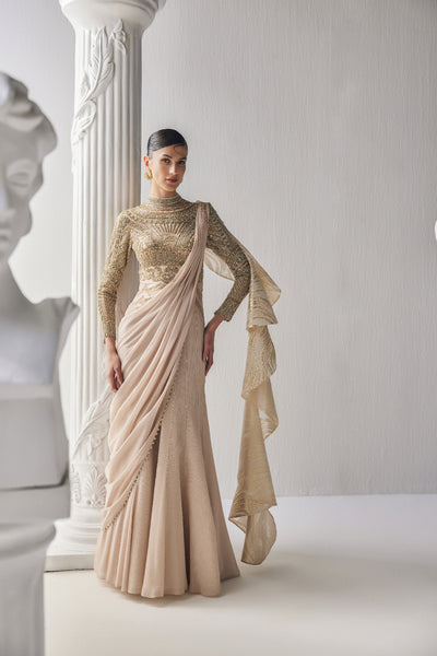 Mandira Wirk Golden Cream Draped Saree indian designer wear online shopping melange singapore