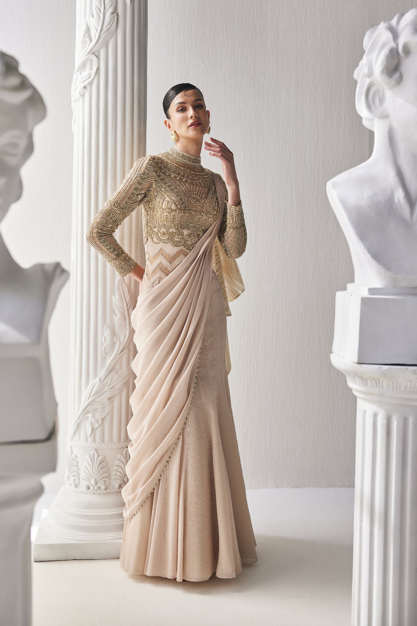 Mandira Wirk Golden Cream Draped Saree indian designer wear online shopping melange singapore