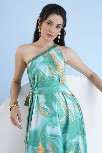 Mandira Wirk Green Trippy Romance Printed One Shoulder Kaftan Dress indian designer wear online shopping melange singapore