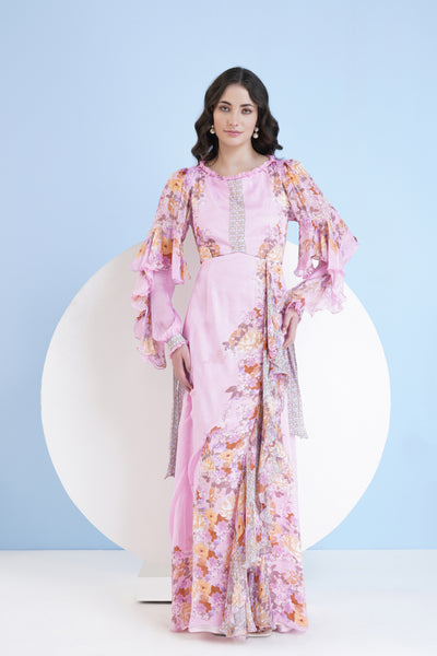 Mandira Wirk Hey Dey Printed Long Dress With Frilled Slit indian designer wear online shopping melange singapore