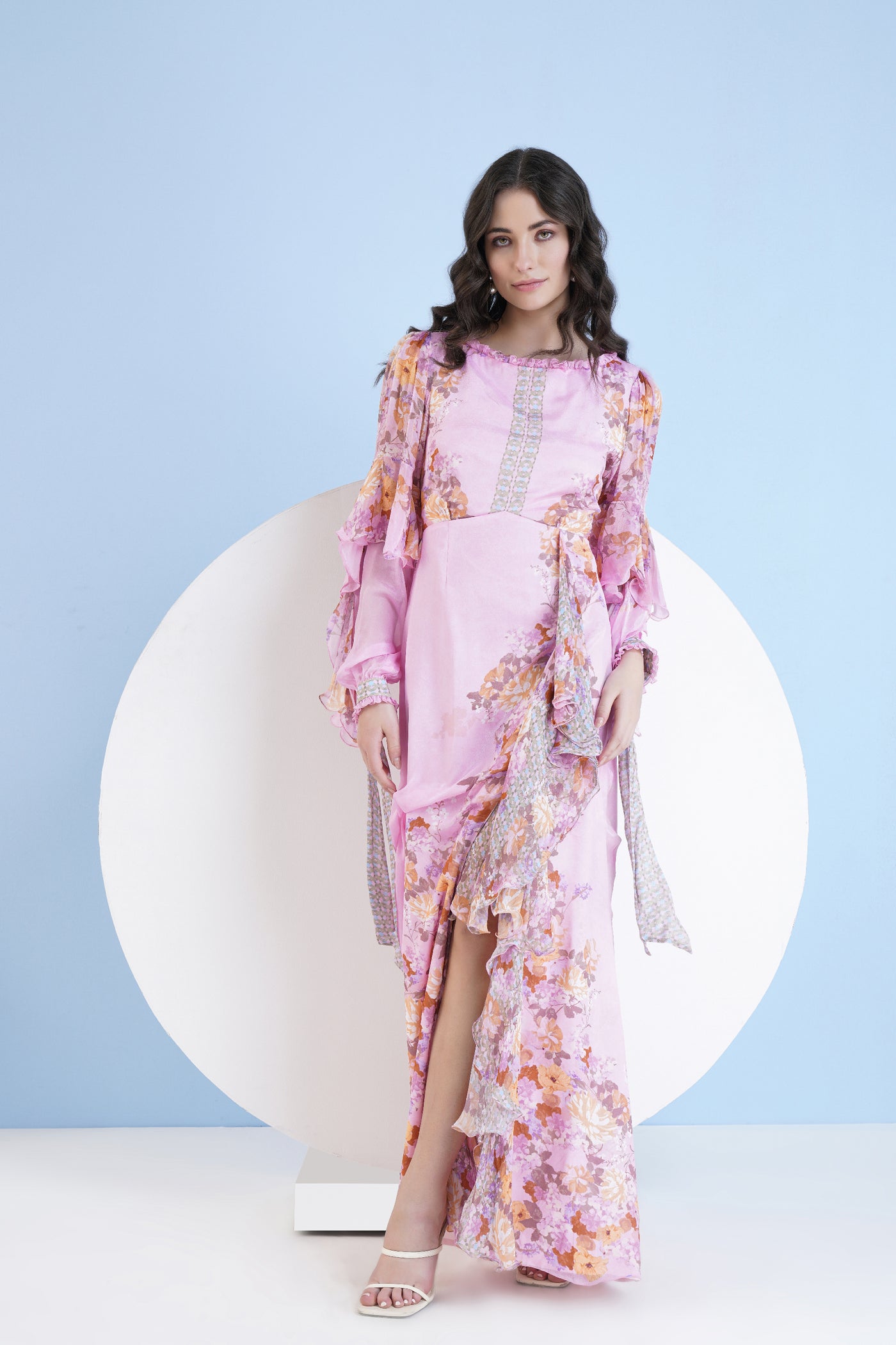 Mandira Wirk Hey Dey Printed Long Dress With Frilled Slit indian designer wear online shopping melange singapore
