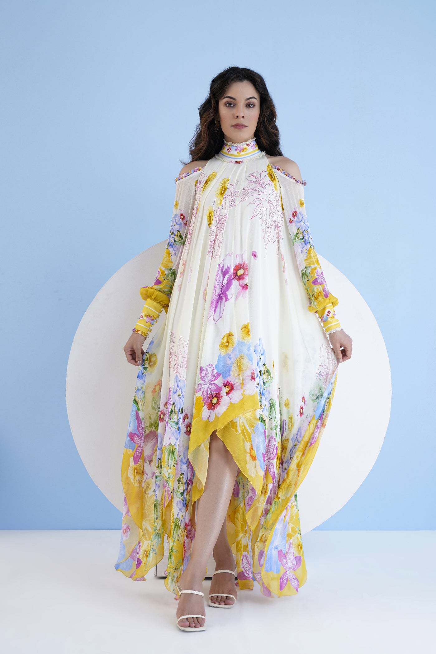 Mandira Wirk High Low Dress With Frilled Shoulder Cutout indian designer wear online shopping melange singapore