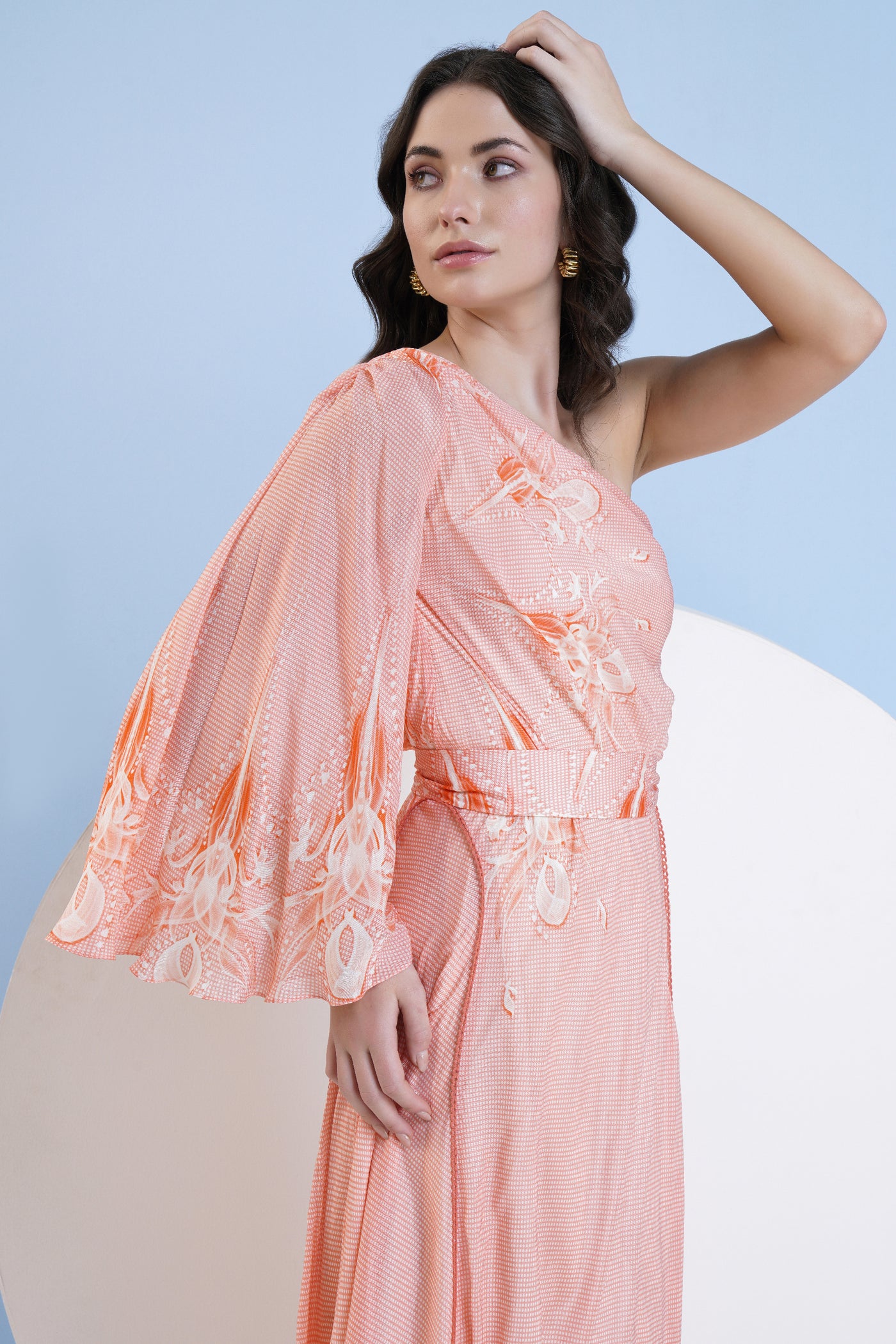 Mandira Wirk Ice Fly Printed One Shoulder Paneled Dress With Lace Detail indian designer wear online shopping melange singapore