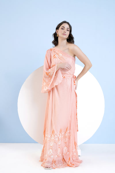Mandira Wirk Ice Fly Printed One Shoulder Paneled Dress With Lace Detail indian designer wear online shopping melange singapore