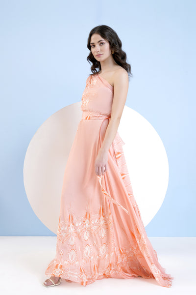 Mandira Wirk Ice Fly Printed One Shoulder Paneled Dress With Lace Detail indian designer wear online shopping melange singapore