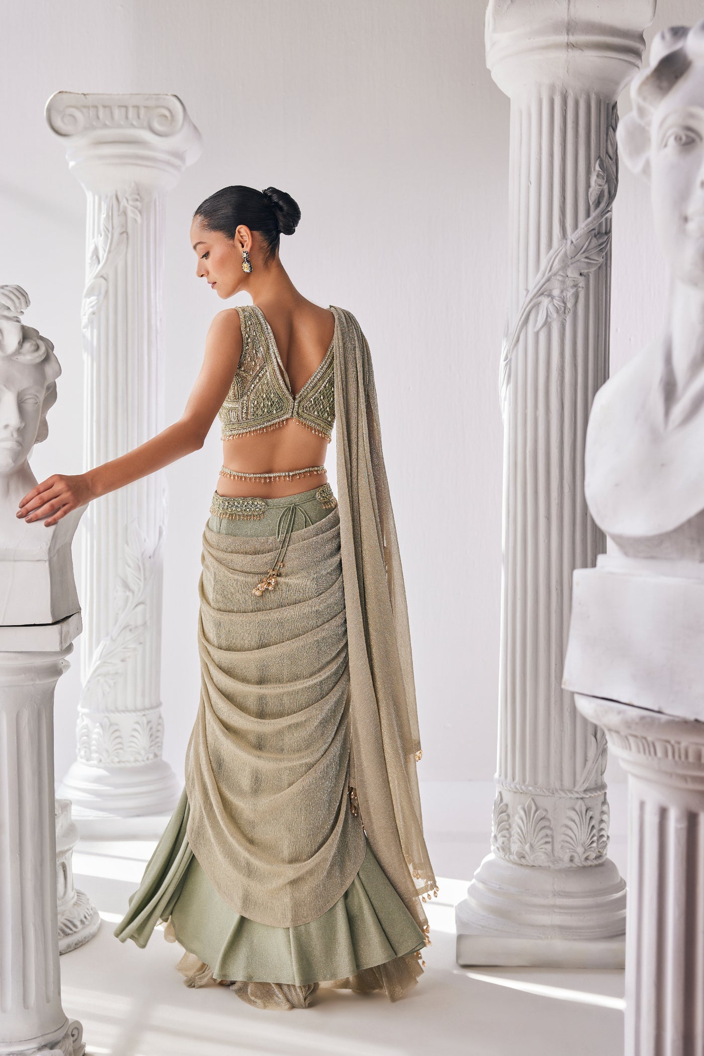 Mandira Wirk Jade Green Draped Saree indian designer wear online shopping melange singapore