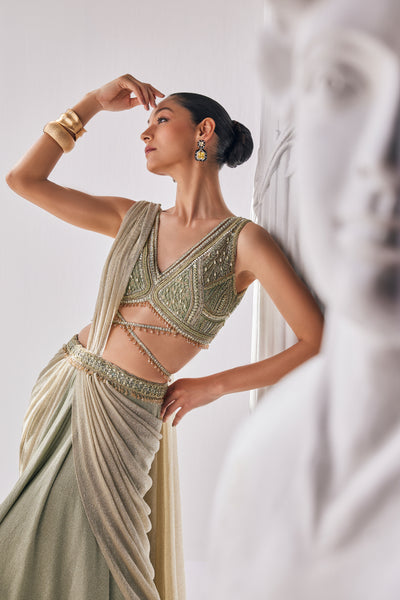 Mandira Wirk Jade Green Draped Saree indian designer wear online shopping melange singapore