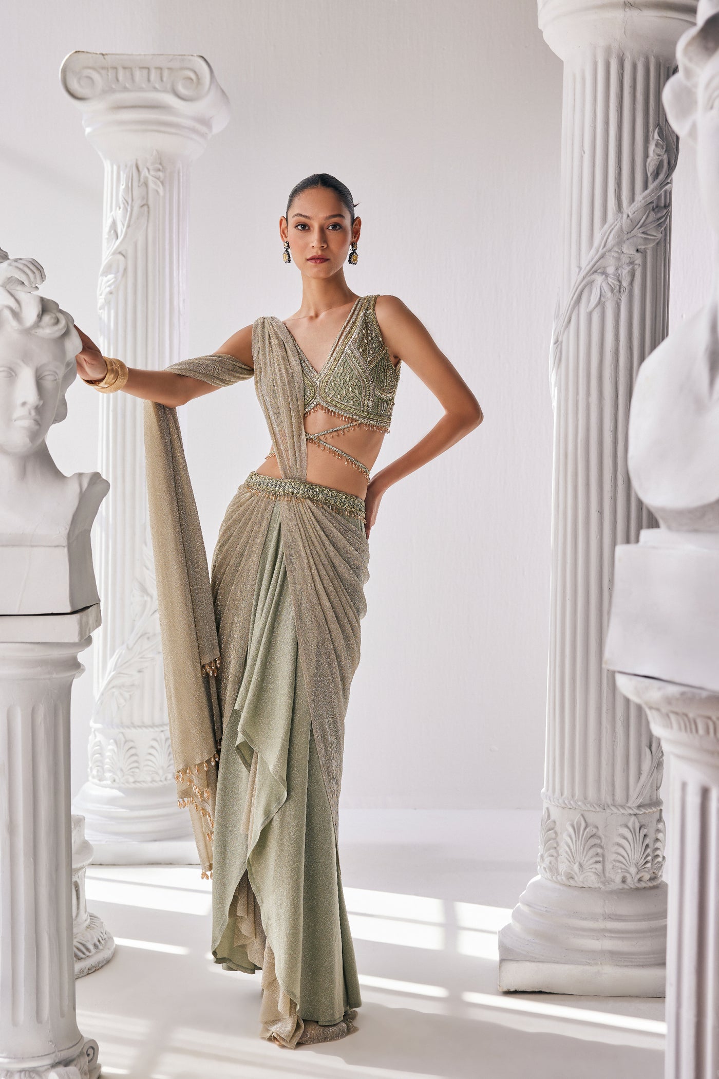 Mandira Wirk Jade Green Draped Saree indian designer wear online shopping melange singapore