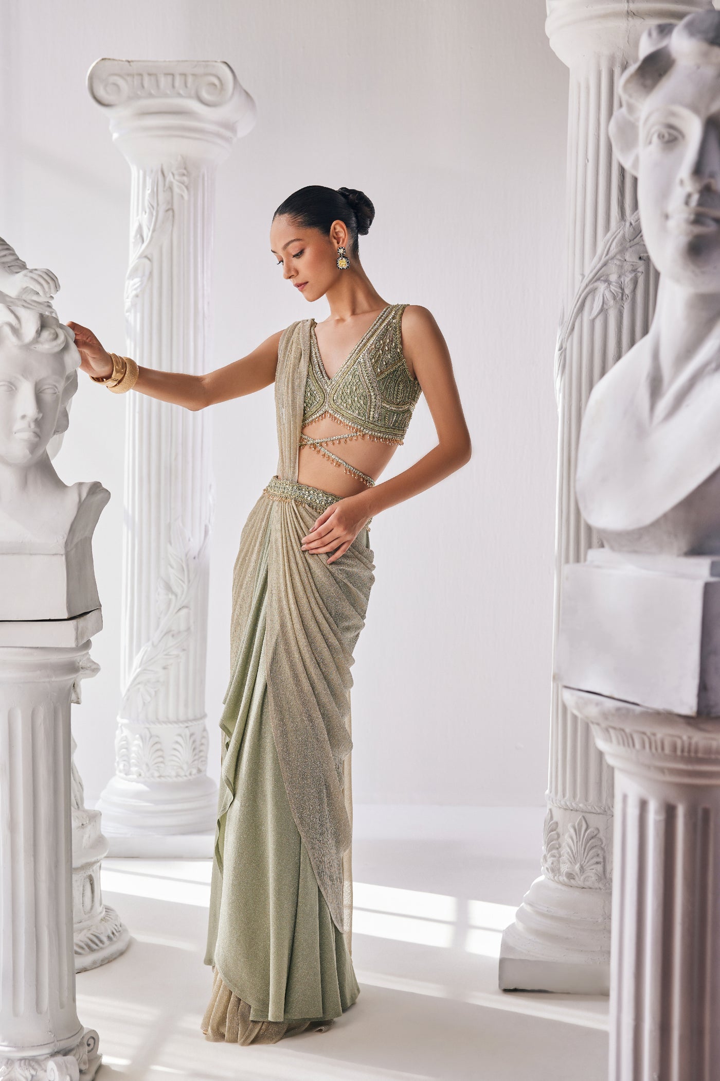 Mandira Wirk Jade Green Draped Saree indian designer wear online shopping melange singapore