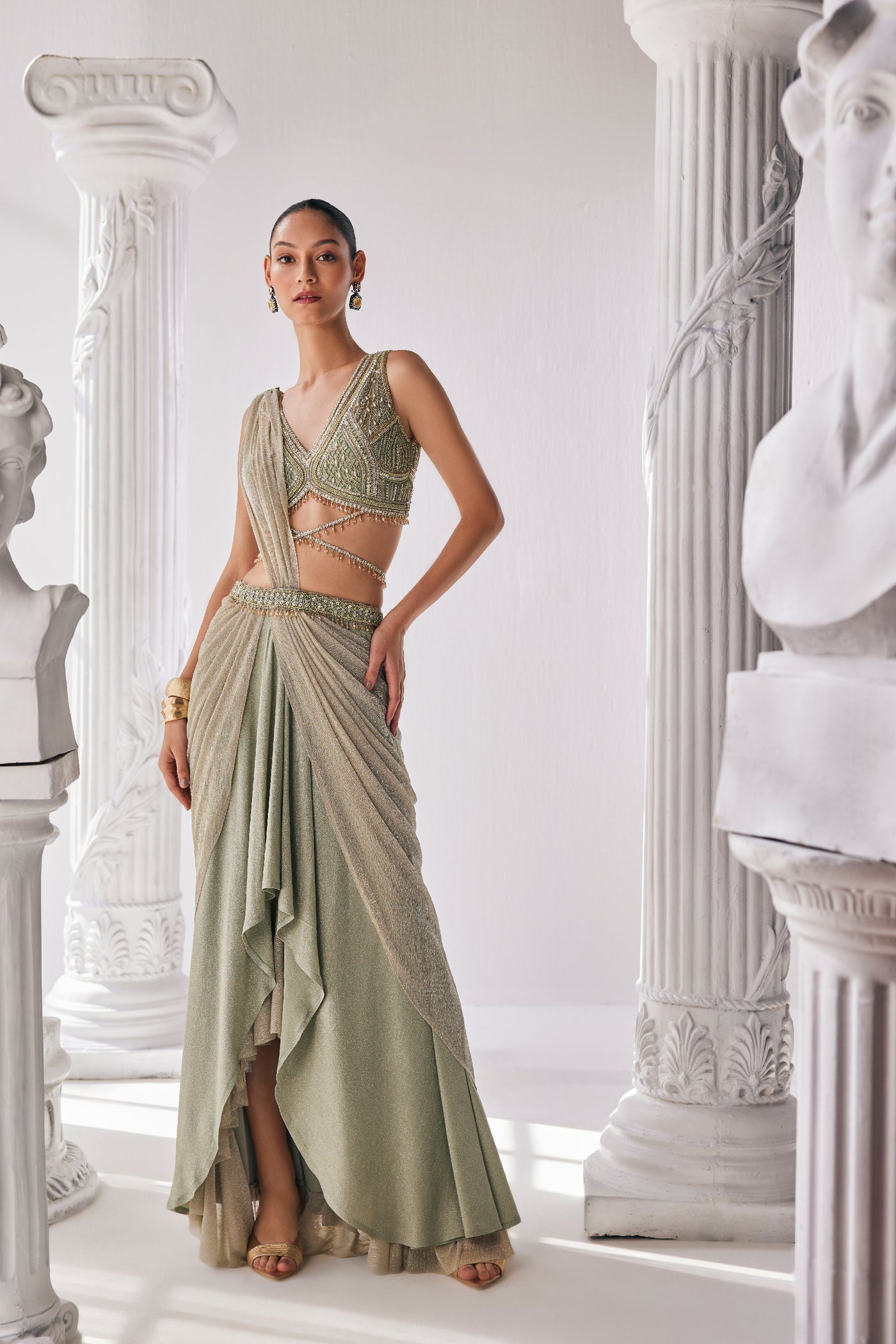 Mandira Wirk Jade Green Draped Saree indian designer wear online shopping melange singapore