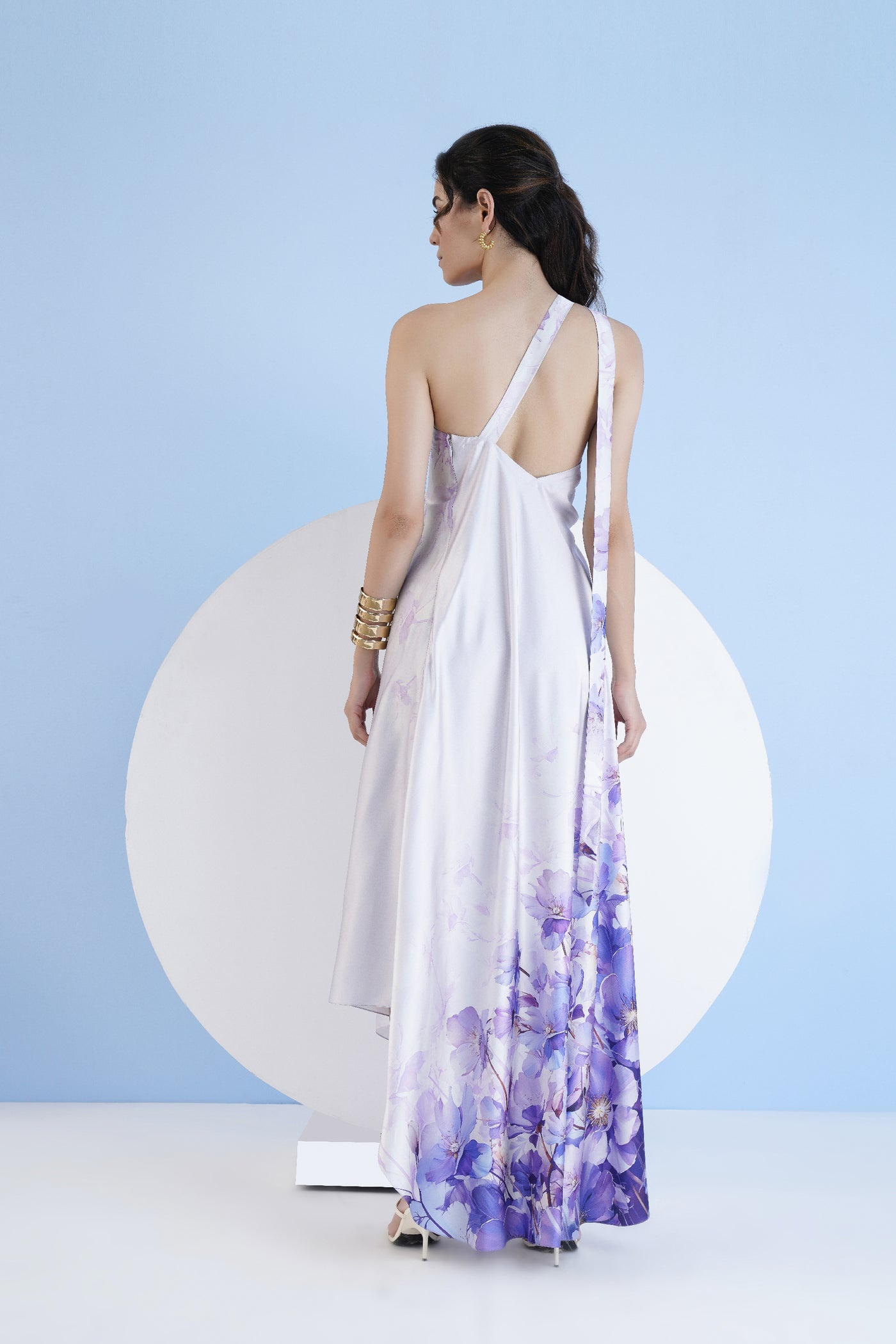 Mandira Wirk Lilac Bauhinia Printed One Shoulder High Low Kaftan Dress indian designer wear online shopping melange singapore