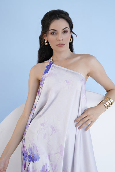 Mandira Wirk Lilac Bauhinia Printed One Shoulder High Low Kaftan Dress indian designer wear online shopping melange singapore