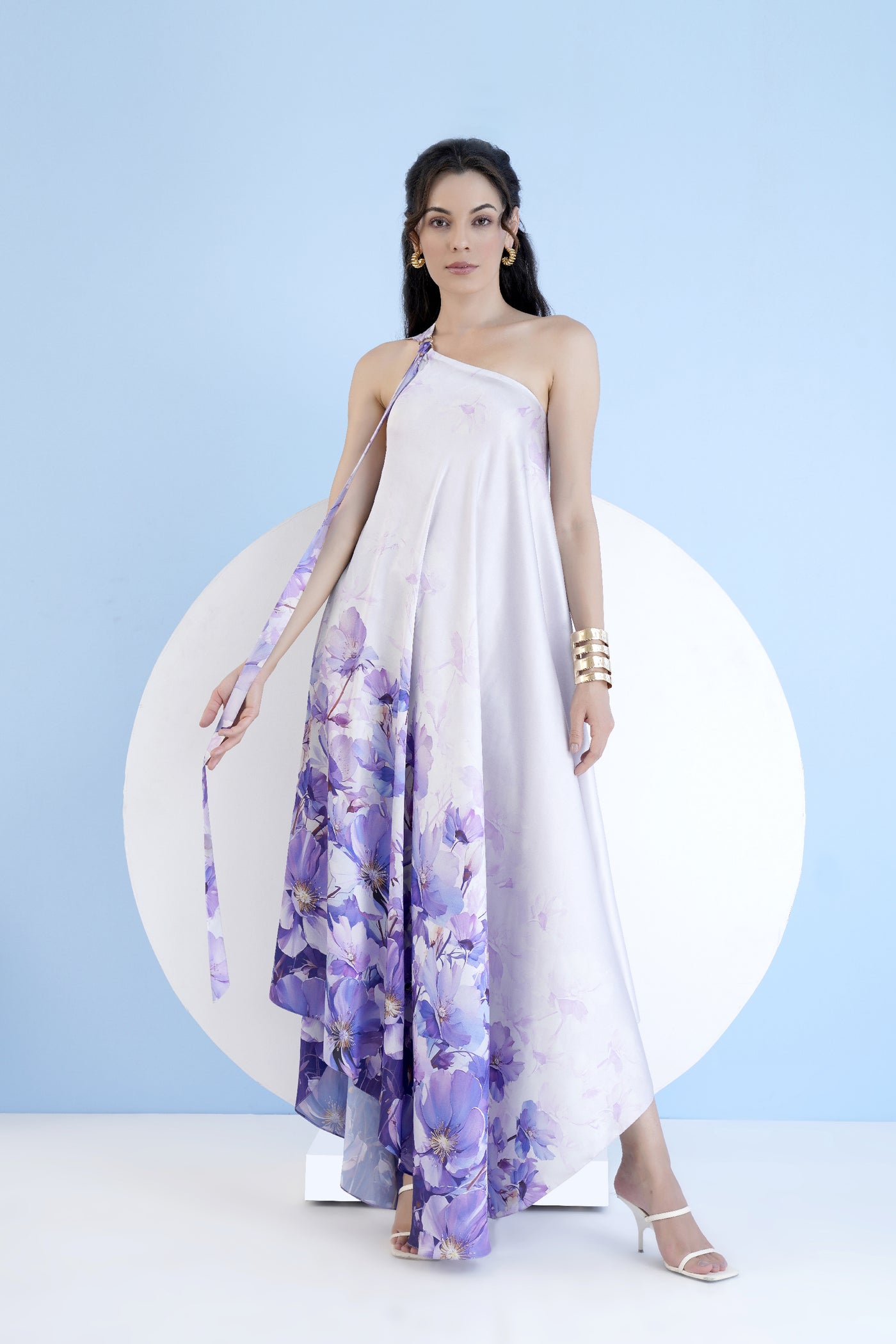 Mandira Wirk Lilac Bauhinia Printed One Shoulder High Low Kaftan Dress indian designer wear online shopping melange singapore