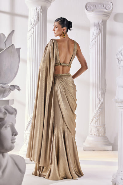 Mandira Wirk Metallic Antique Gold Drape Saree With An Embellished Belt indian designer wear online shopping melange singapore