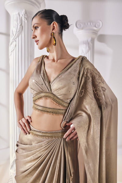 Mandira Wirk Metallic Antique Gold Drape Saree With An Embellished Belt indian designer wear online shopping melange singapore