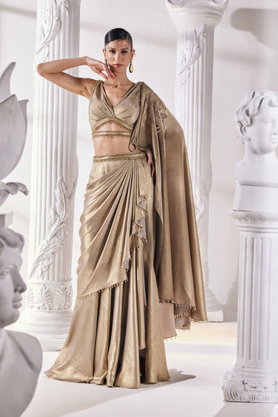 Mandira Wirk Metallic Antique Gold Drape Saree With An Embellished Belt indian designer wear online shopping melange singapore