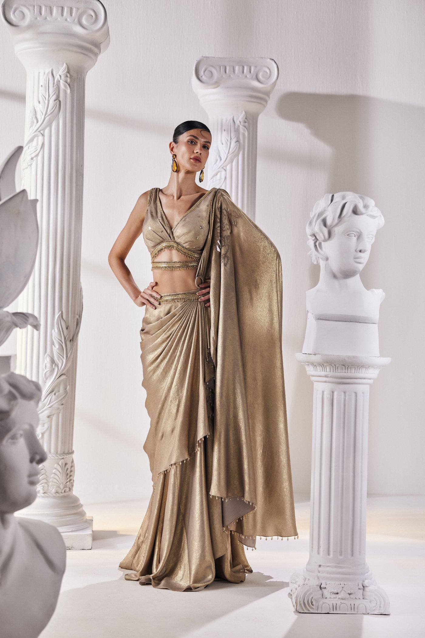 Mandira Wirk Metallic Antique Gold Drape Saree With An Embellished Belt indian designer wear online shopping melange singapore