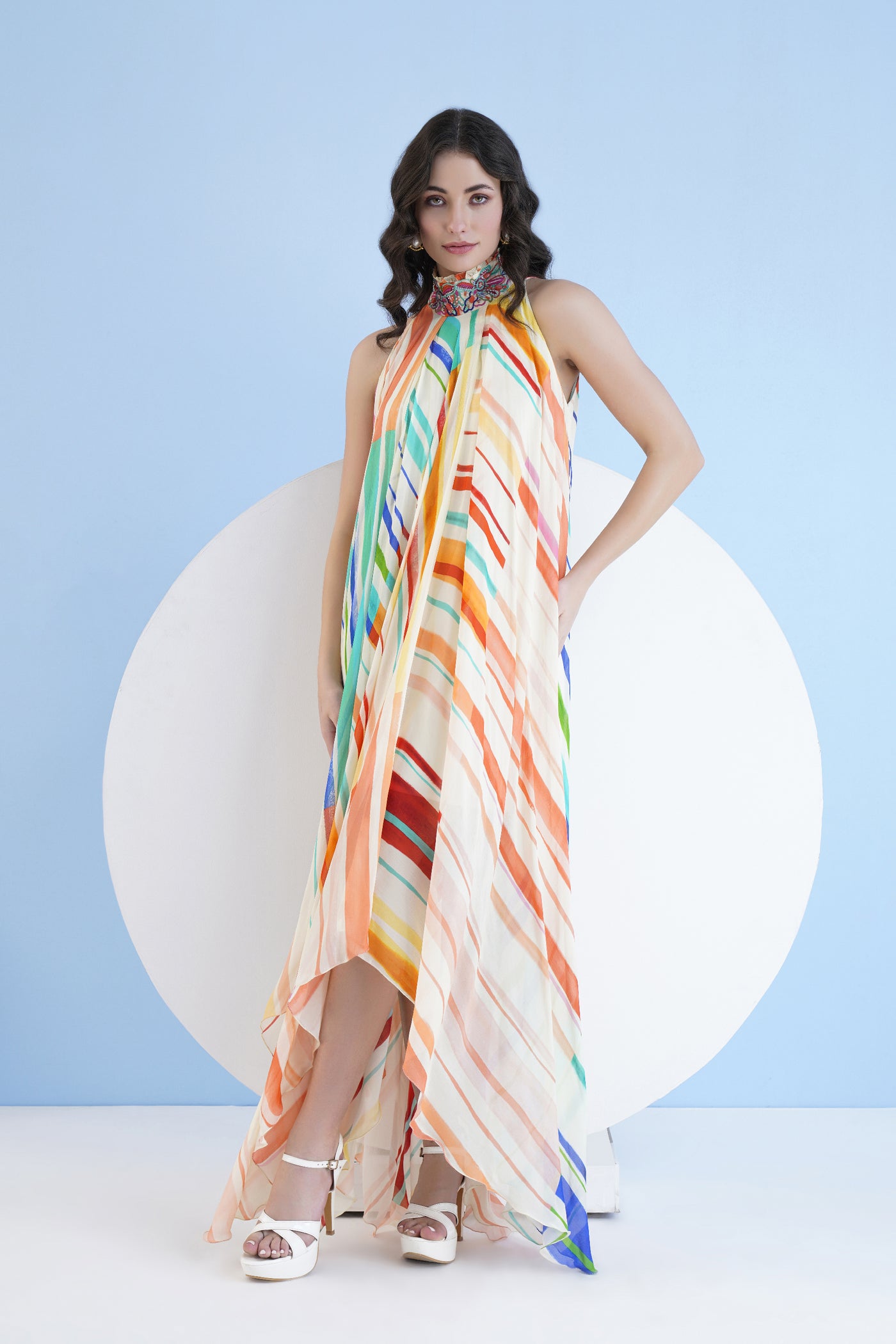 Mandira Wirk Multi Mystic Line Printed Halter Neck Asymmetric Dress indian designer wear online shopping melange singapore