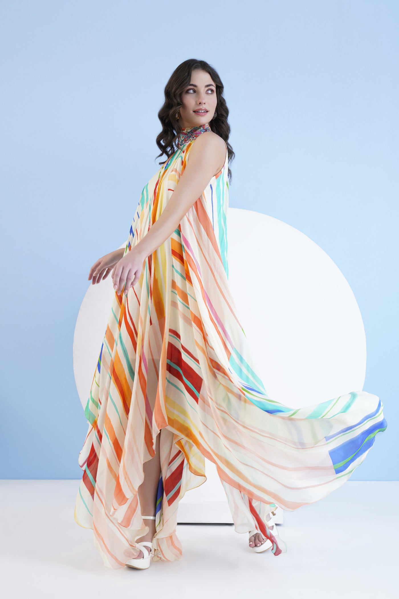 Mandira Wirk Multi Mystic Line Printed Halter Neck Asymmetric Dress indian designer wear online shopping melange singapore